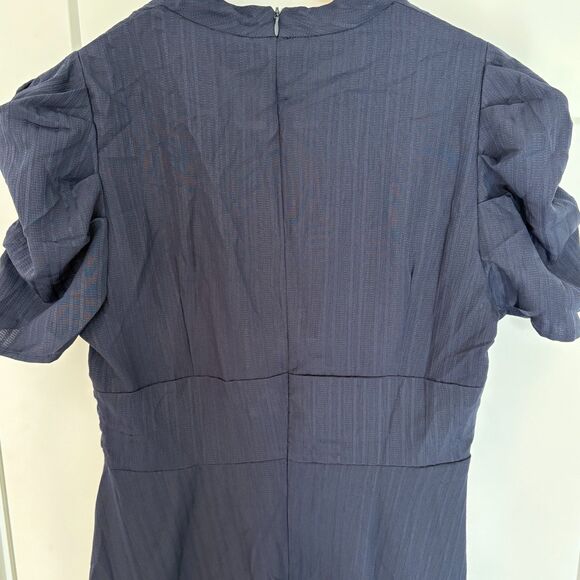 Women’s Navy Midi Dress Puff Sleeve V-Neck Ruched Waist Size L NWT - Picture 8 of 9